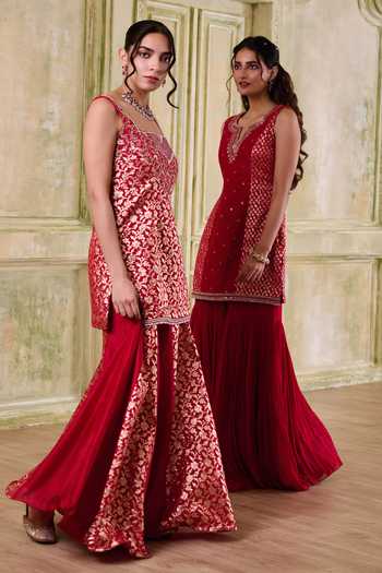Buy_Muditaa By Urmila_Red Georgette, Chanderi, Brocade, Organza Bahaar Embroidered Kurta Gharara Set 