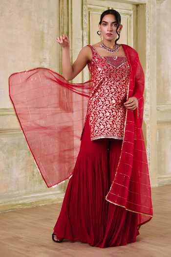 Muditaa By Urmila_Red Georgette, Chanderi, Brocade, Organza Hrdaya Embroidered Kurta Gharara Set _Online_at_Aza_Fashions