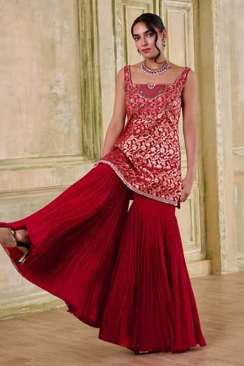 Buy_Muditaa By Urmila_Red Georgette, Chanderi, Brocade, Organza Hrdaya Embroidered Kurta Gharara Set _Online_at_Aza_Fashions