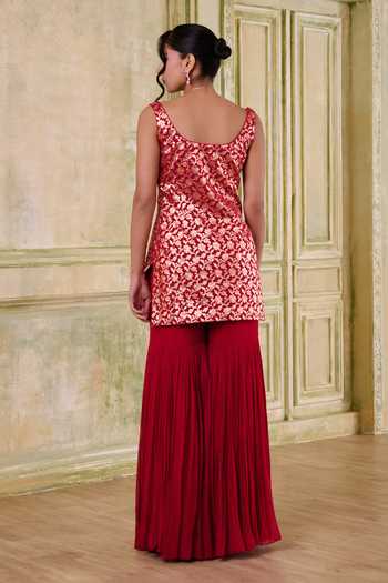 Shop_Muditaa By Urmila_Red Georgette, Chanderi, Brocade, Organza Hrdaya Embroidered Kurta Gharara Set _at_Aza_Fashions