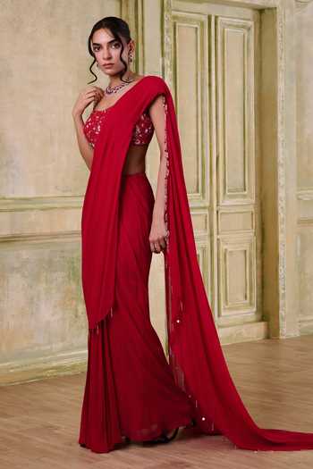 Buy_Muditaa By Urmila_Red Georgette Square Neck Heer Pre-draped Saree With Embroidered Blouse _Online_at_Aza_Fashions