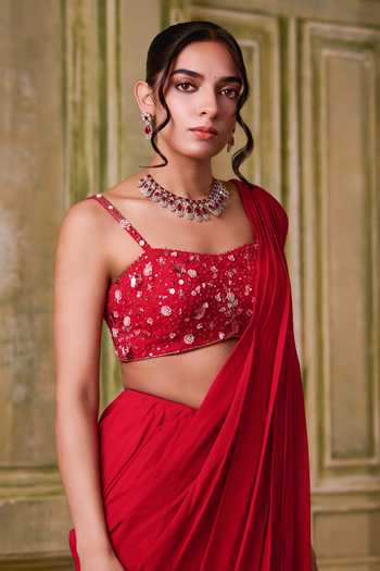 Shop_Muditaa By Urmila_Red Georgette Square Neck Heer Pre-draped Saree With Embroidered Blouse _Online_at_Aza_Fashions