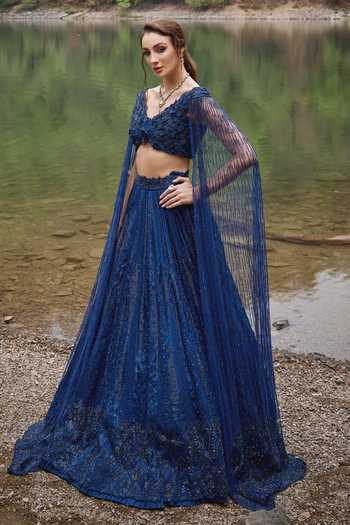 Shop_Varun Chakkilam_Blue Organza, Net Cut Work, Beads V-neck Midnight Petal Bloom Lehenga Set _at_Aza_Fashions