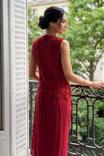 Shop_Aneesh Agarwaal_Wine Organza, Satin High Neck Scarlett 3d Embroidered Top And Dhoti Skirt Set _at_Aza_Fashions
