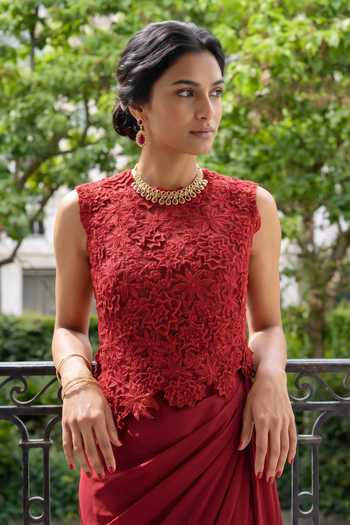 Shop_Aneesh Agarwaal_Wine Organza, Satin High Neck Scarlett 3d Embroidered Top And Dhoti Skirt Set _Online_at_Aza_Fashions