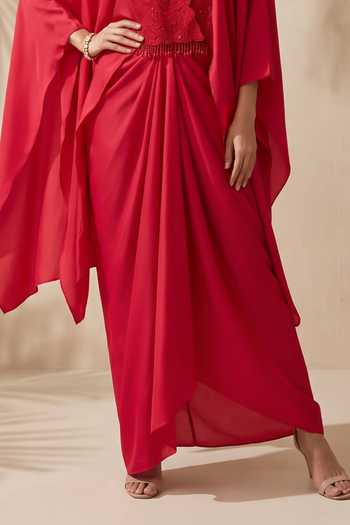 Buy_Aneesh Agarwaal_Maroon Satin Mandarin Collar Maribel Embroidered Kaftan Top And Dhoti Skirt Set _Online_at_Aza_Fashions