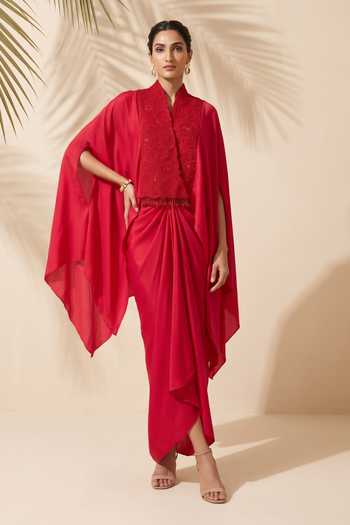 Shop_Aneesh Agarwaal_Maroon Satin Mandarin Collar Maribel Embroidered Kaftan Top And Dhoti Skirt Set _at_Aza_Fashions