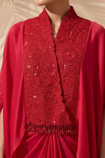Shop_Aneesh Agarwaal_Maroon Satin Mandarin Collar Maribel Embroidered Kaftan Top And Dhoti Skirt Set _Online_at_Aza_Fashions