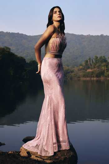 Shop_Aaryaa By Kashveen Kohli_Pink Net, Satin Bandeau Neck Roselle Mermaid Skirt Set With Bow Cape _Online_at_Aza_Fashions