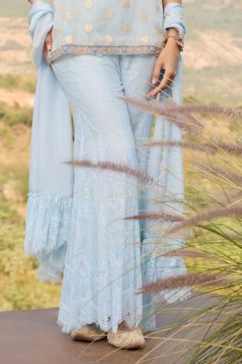 Aaryaa By Kashveen Kohli_Blue Brocade, Lace, Chiffon V-neck Esme Short Kurta Sharara Set _at_Aza_Fashions
