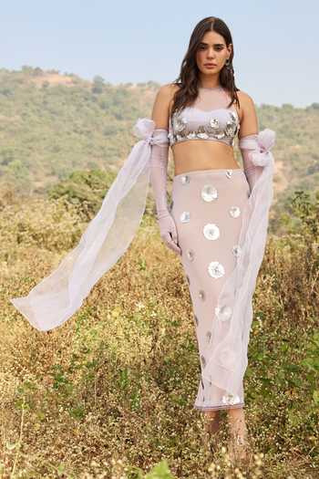 Buy_Aaryaa By Kashveen Kohli_Purple Lycra, Net High Neck Alba 3d Embellished Flower Skirt Set _at_Aza_Fashions
