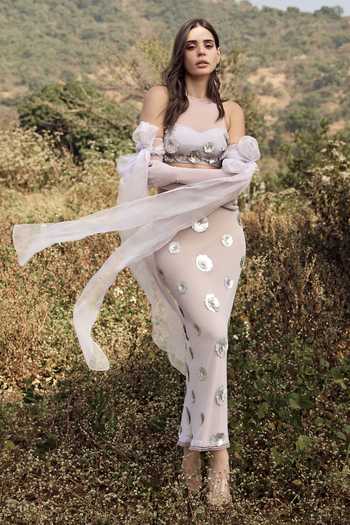 Buy_Aaryaa By Kashveen Kohli_Purple Lycra, Net High Neck Alba 3d Embellished Flower Skirt Set _Online_at_Aza_Fashions