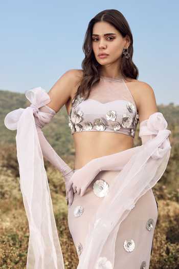 Shop_Aaryaa By Kashveen Kohli_Purple Lycra, Net High Neck Alba 3d Embellished Flower Skirt Set _Online_at_Aza_Fashions