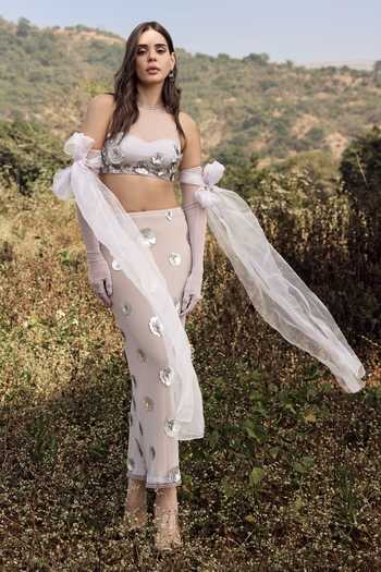 Aaryaa By Kashveen Kohli_Purple Lycra, Net High Neck Alba 3d Embellished Flower Skirt Set _Online