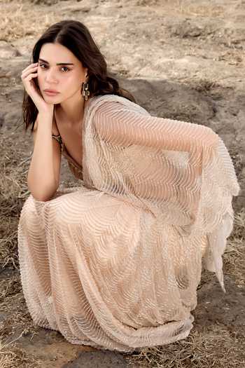 Aaryaa By Kashveen Kohli_Beige Net, Organza Leaf Neck Nora Pre-stitched Saree With Shaped Blouse _at_Aza_Fashions