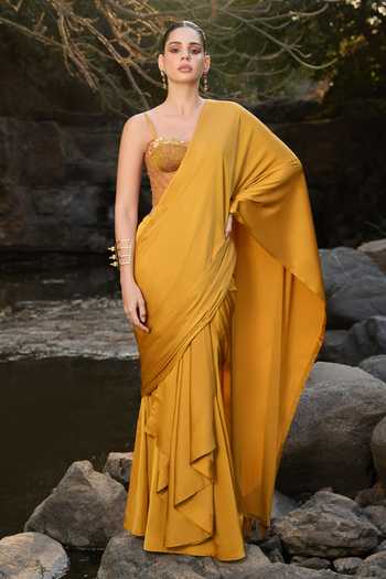 Buy_Aaryaa By Kashveen Kohli_Yellow Silk, Satin Sequins, Solene Pre-draped Saree With Embroidered Corset _at_Aza_Fashions
