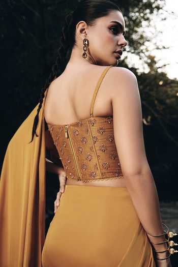 Shop_Aaryaa By Kashveen Kohli_Yellow Silk, Satin Sequins, Solene Pre-draped Saree With Embroidered Corset _Online_at_Aza_Fashions
