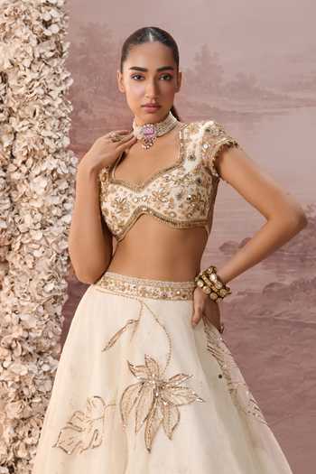Parul Gandhi_Ivory , Silk Sweetheart Neck Elaria Embroidered Lehenga Set _at_Aza_Fashions