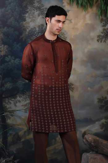Buy_Ayush Jain_Brown Silk, Organza Raat Rani Embroidered Kurta And Pant Set _Online_at_Aza_Fashions