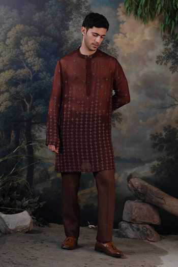 Buy_Ayush Jain_Brown Silk, Organza Raat Rani Embroidered Kurta And Pant Set _at_Aza_Fashions
