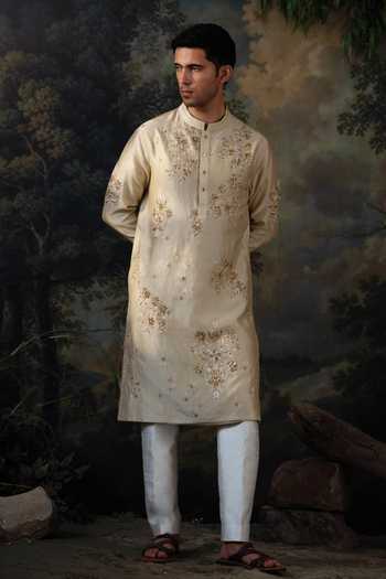 Buy_Ayush Jain_Green Silk, Chanderi Bahar Kurta And Pant Set _Online_at_Aza_Fashions