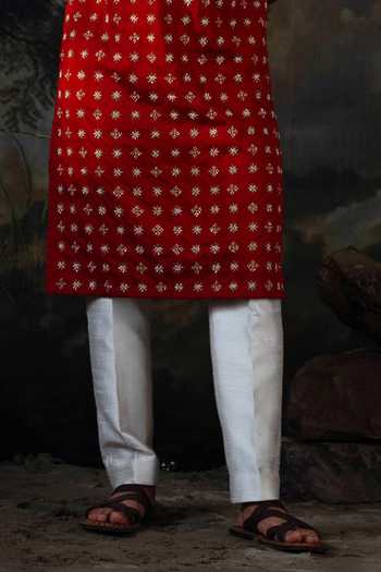Ayush Jain_Red Silk, Cotton Laal Embroidered Kurta And Pant Set _Online_at_Aza_Fashions