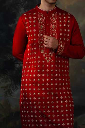 Buy_Ayush Jain_Red Silk, Cotton Laal Embroidered Kurta And Pant Set _Online_at_Aza_Fashions