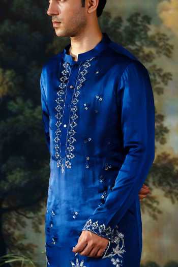 Ayush Jain_Blue , Satin Neel Gagan Embroidered Kurta And Pant Set _Online_at_Aza_Fashions