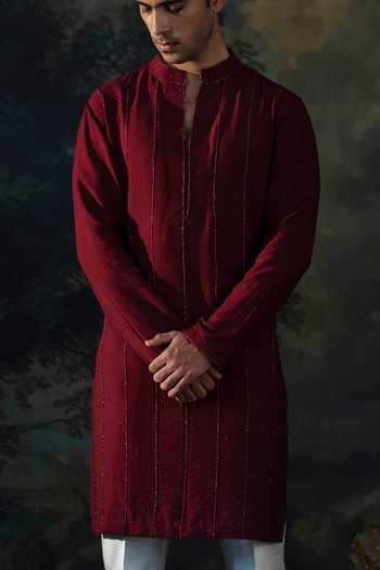 Ayush Jain_Wine Silk, Chanderi Wintage Embroidered Kurta And Pant Set _at_Aza_Fashions