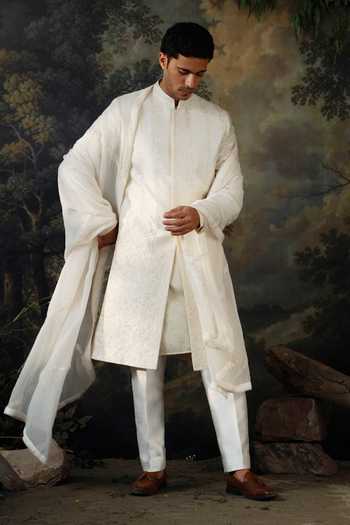 Buy_Ayush Jain_Ivory Silk, Cotton, Organza Nazm Embroidered Sherwani Set _at_Aza_Fashions