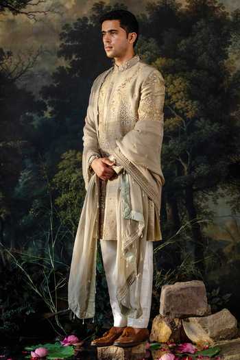 Shop_Ayush Jain_Olive Green Silk, Cotton, Organza Sabz Embroidered Sherwani Set _at_Aza_Fashions