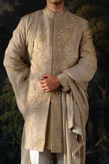 Ayush Jain_Olive Green Silk, Cotton, Organza Sabz Embroidered Sherwani Set _Online_at_Aza_Fashions