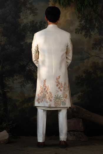 Shop_Ayush Jain_Ivory Silk, Organza, Cotton Van Bagh Embroidered Sherwani Set _at_Aza_Fashions