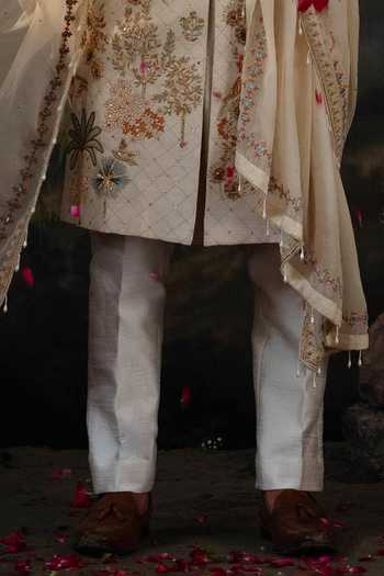 Ayush Jain_Ivory Silk, Organza, Cotton Van Bagh Embroidered Sherwani Set _Online_at_Aza_Fashions