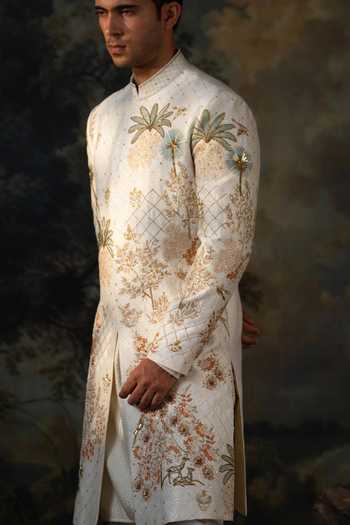Buy_Ayush Jain_Ivory Silk, Organza, Cotton Van Bagh Embroidered Sherwani Set _Online_at_Aza_Fashions