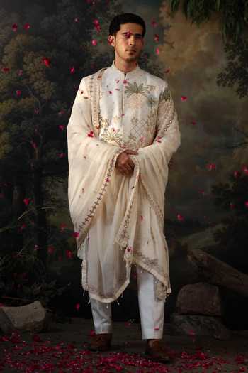 Buy_Ayush Jain_Ivory Silk, Organza, Cotton Van Bagh Embroidered Sherwani Set 