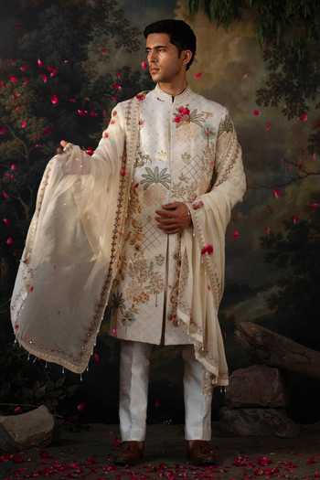 Ayush Jain_Ivory Silk, Organza, Cotton Van Bagh Embroidered Sherwani Set _Online