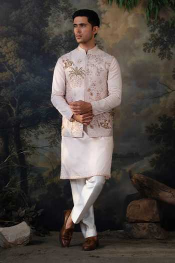 Shop_Ayush Jain_Pink Silk, Cotton, Organza Gul Vatika Embroidered Nehru Jacket Set _at_Aza_Fashions