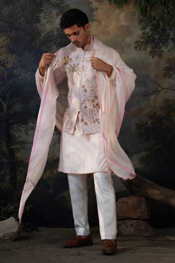 Buy_Ayush Jain_Pink Silk, Cotton, Organza Gul Vatika Embroidered Nehru Jacket Set 