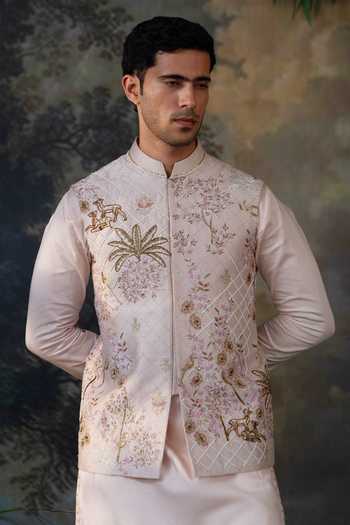Shop_Ayush Jain_Pink Silk, Cotton, Organza Gul Vatika Embroidered Nehru Jacket Set 