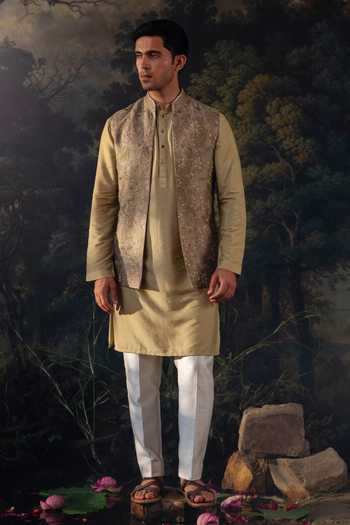 Buy_Ayush Jain_Green Silk, Cotton Kanan Embroidered Nehru Jacket And Kurta Set _Online_at_Aza_Fashions