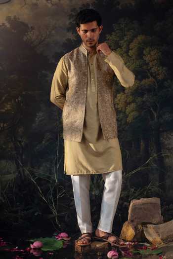 Buy_Ayush Jain_Green Silk, Cotton Kanan Embroidered Nehru Jacket And Kurta Set _at_Aza_Fashions