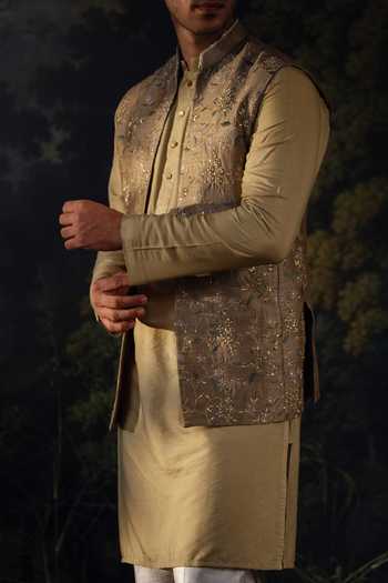 Shop_Ayush Jain_Green Silk, Cotton Kanan Embroidered Nehru Jacket And Kurta Set _Online_at_Aza_Fashions