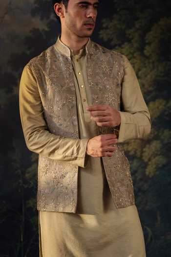 Shop_Ayush Jain_Green Silk, Cotton Kanan Embroidered Nehru Jacket And Kurta Set 