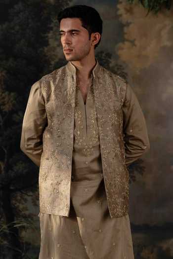 Shop_Ayush Jain_Green Silk, Cotton Kanan-zar Embroidered Bundi And Kurta Set _at_Aza_Fashions