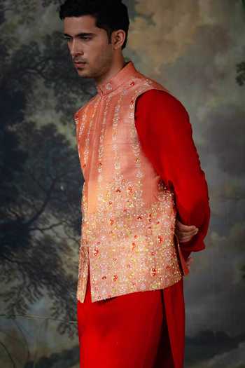 Shop_Ayush Jain_Orange Silk, Cotton Surya Hand Embroidered Nehru Jacket And Kurta Set _Online_at_Aza_Fashions