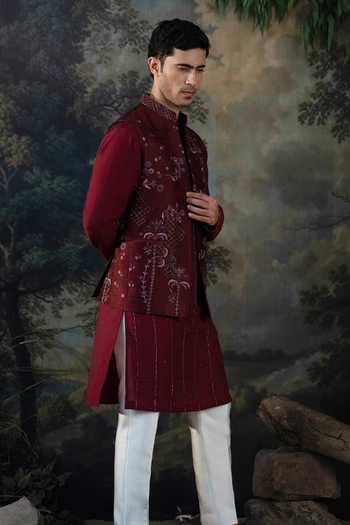 Shop_Ayush Jain_Wine Silk, Cotton, Chanderi Shabaan Embroidered Bundi And Kurta Set _at_Aza_Fashions