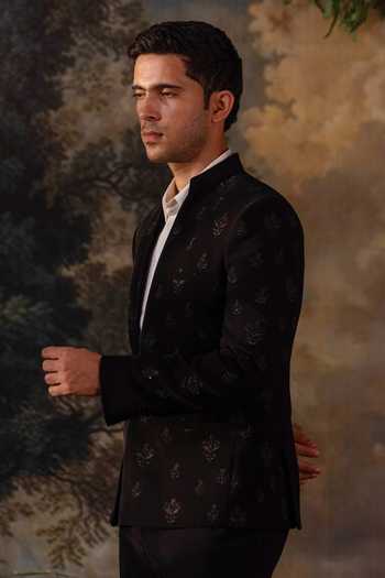 Ayush Jain_Black Silk, Cotton, Crepe, Velvet Aks-e-siyah Hand Embroidered Bandhgala Set _Online_at_Aza_Fashions