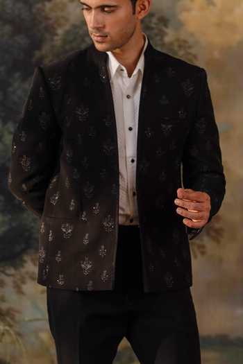 Buy_Ayush Jain_Black Silk, Cotton, Crepe, Velvet Aks-e-siyah Hand Embroidered Bandhgala Set _Online_at_Aza_Fashions