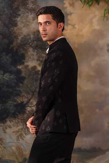 Shop_Ayush Jain_Black Silk, Cotton, Crepe, Velvet Aks-e-siyah Hand Embroidered Bandhgala Set _at_Aza_Fashions